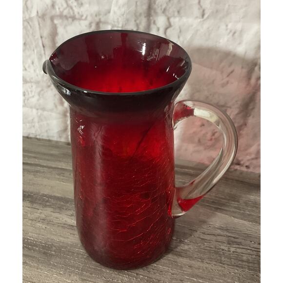 Vintage Ruby Red Hand Blown Crackle Glass Pitcher Clear Handle 6 7/8” Tall - Picture 3 of 8